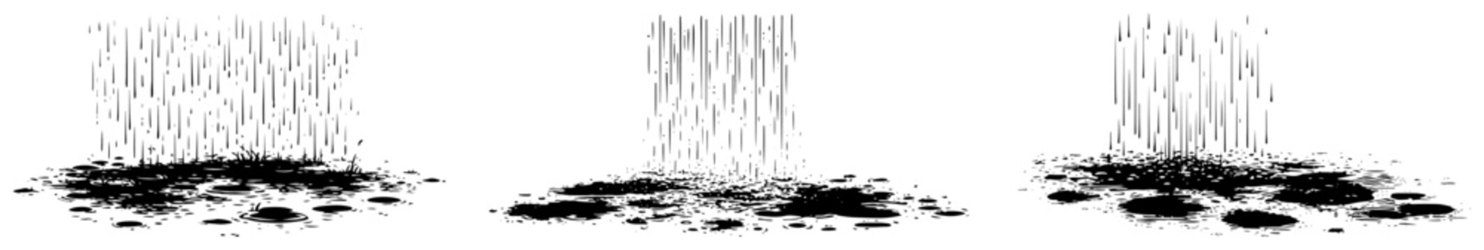 Rain falling on puddles set, water drips and splash textures collection, liquid dropping vector