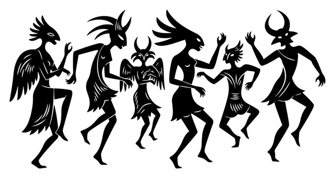 Mythical tribal creatures dancing ritual, primitive ancient folk art spirits silhouette, horned and winged figures set