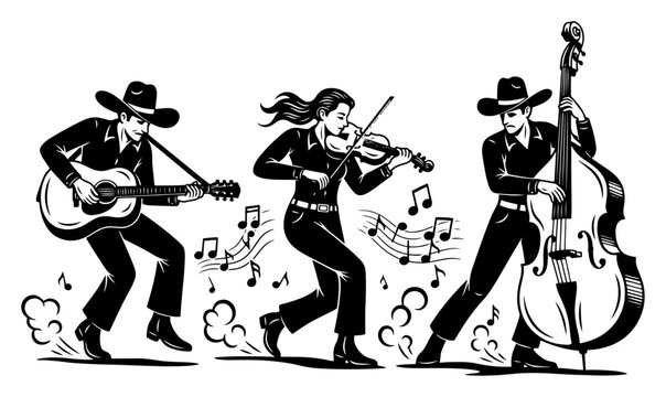 Country western band trio with guitar violin and double bass, musicians in cowboy hats playing music vector art