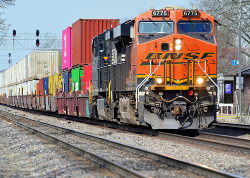 A pair of locomotives provide front-end power for a Burlington Northern Santa Fe eastbound stack train destined for BNSF's Cicero Yard.