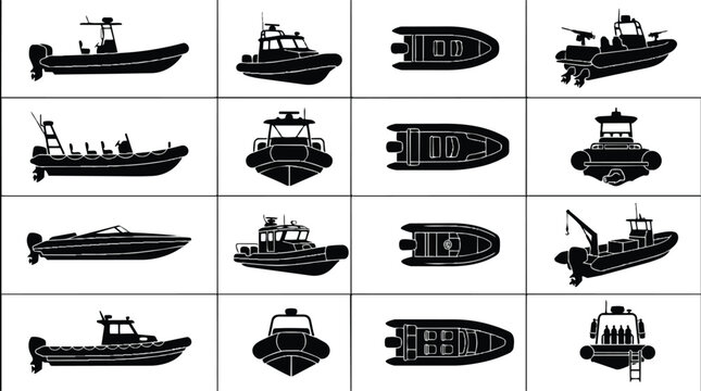 Comprehensive collection of diverse boat and rigid inflatable boat silhouettes.