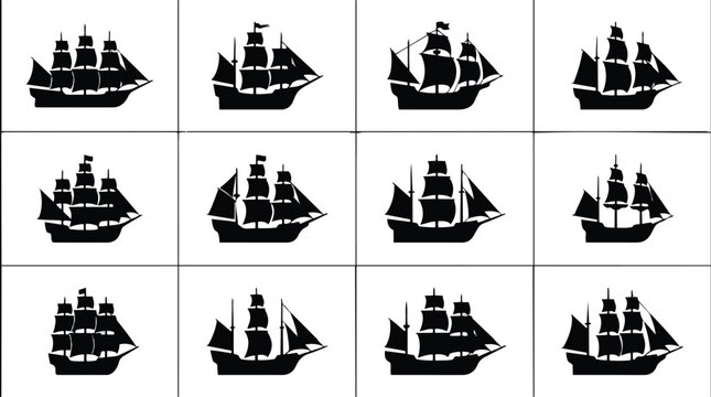 Collection of twelve vintage sailing ship silhouettes on white background.