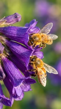 Two honeybees diligently collecting nectar from vibrant purple tubular flowers, macro photography capturing intricate details of their wings and pollen baskets in soft natural light
