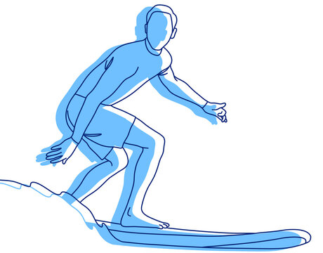 Line illustration with blue shading of a sketch of a male surfer riding a wave in style using a surfboard