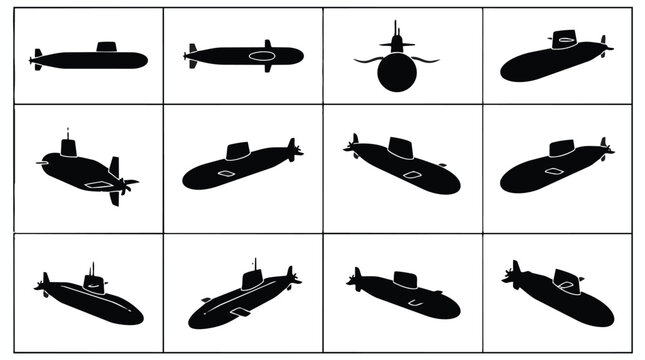 Collection of black submarine silhouettes shown from various angles and perspectives.
