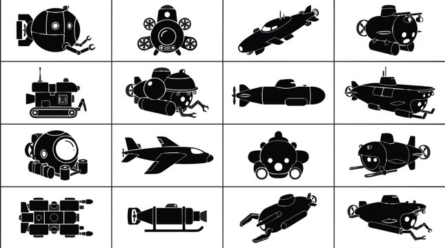 Collection of sixteen black submarine and submersible silhouettes in a grid layout.