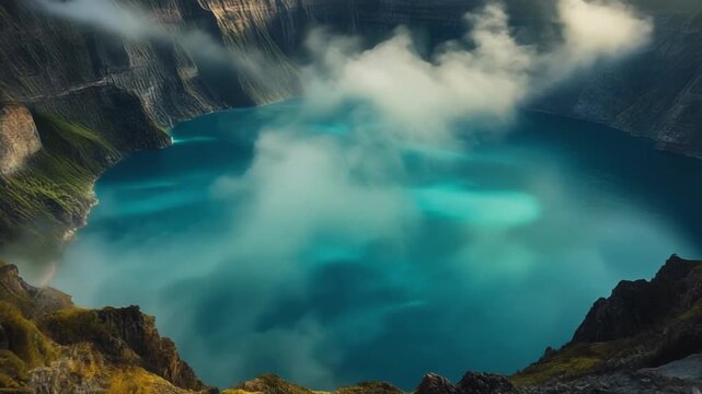 Majestic volcanic caldera with turquoise lake and drifting mist