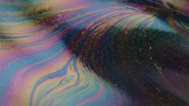 Colorful oil slick swirling on water surface with rainbow iridescent pattern and glitter