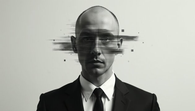 Monochrome man in suit has obscured face. Blurred horizontal lines and squares create glitch effect. Anonymous person represents hidden identity or data breach.
