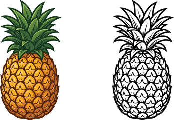 Obraz premium Pineapple Flat Style Vector Illustration Set with Colored and Outline Design on Transparent Background