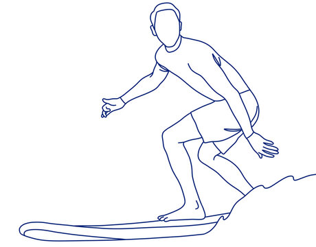 Line sketch illustration of a male surfer riding a wave in style using a surfboard