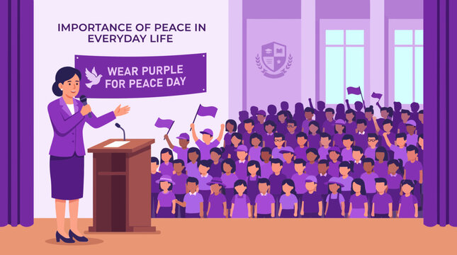 Speaker at Wear Purple for Peace Day school assembly event