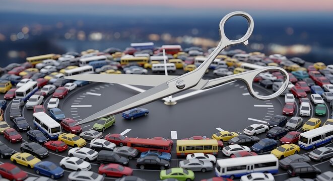 Scissors cutting clock face surrounded by toy cars and buses