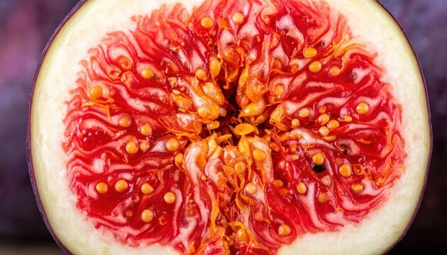 Macro cross section view of ripe purple fig showing vibrant red pulp and tiny seeds with intricate moist fruit texture