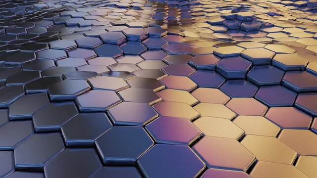 Dark metallic hexagon tile surface shifting with golden blue glow motion loop