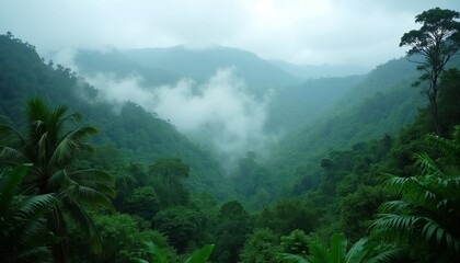 Fototapeta premium Misty mountains covered in rich green jungle foliage. Clouds drift through valleys of dense trees. Palm leaves frame the serene, verdant landscape, a tranquil wild nature scene.
