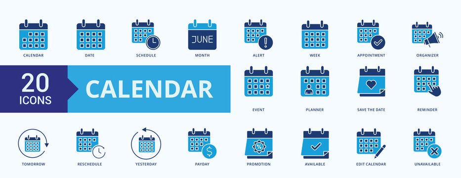 Calendar Icon Set Flat Blue Style Illustration Vector