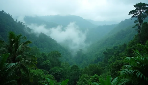 Misty mountains covered in rich green jungle foliage. Clouds drift through valleys of dense trees. Palm leaves frame the serene, verdant landscape, a tranquil wild nature scene.