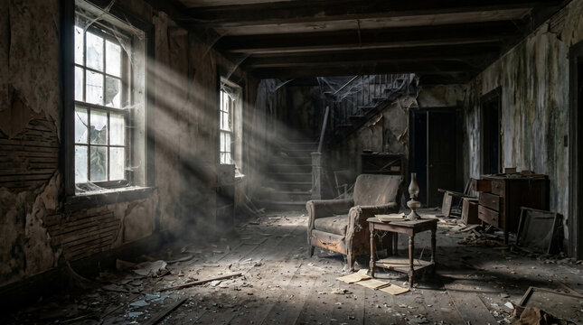 Dusty Sunlight in Abandoned Room: Eerie sunbeams pierce the gloom of a decaying room, illuminating dust motes dancing in the air around antique furniture, hinting at a forgotten past.