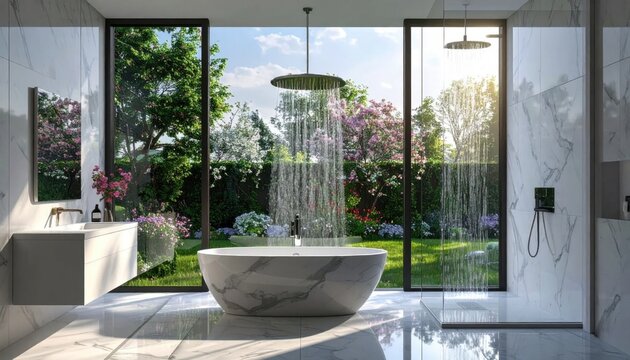 Modern marble bathroom interior with freestanding bathtub, rainfall shower and floor to ceiling windows overlooking a lush garden, spa relaxation