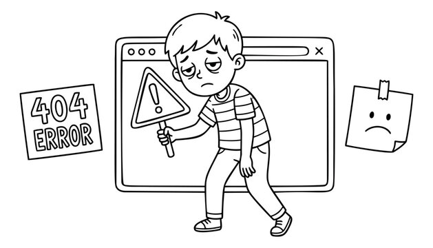 Outline illustration of sad boy holding warning sign depicting 404 error page for web and ui design