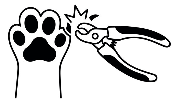 Cartoon illustration of a pet paw and nail clippers depicting claw trimming for animal grooming design