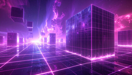 Naklejka premium A futuristic digital landscape with glowing neon grids and reflective cubes under a vibrant purple sky.