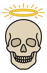 Obraz premium Cartoon illustration of a skull with halo depicting a holy skeleton character for Halloween and day of the dead design