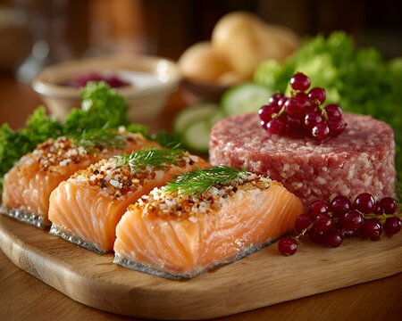 Beautifully plated salmon fillets and minced meat patty are presented on a wooden board alongside fresh greens and red currants for a meal.