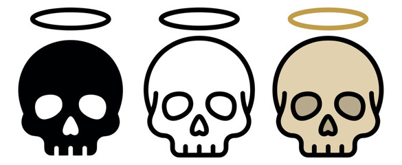 Obraz premium Cartoon icon set of 3 angel skulls featuring silhouette outline and flat color styles for Halloween and gothic design