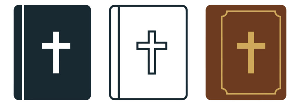 Flat icon set of 3 bible book designs featuring cross symbol in dark, outline and brown leather styles for religious design