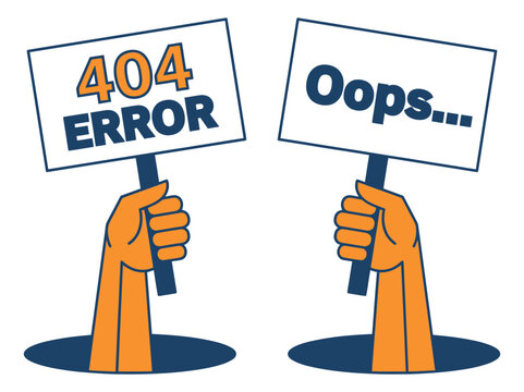 Flat cartoon illustration of two hands holding signs with 404 error and oops message depicting website failure for web and ui design