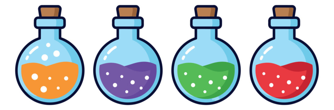 Cartoon icon set of 4 magic potion bottles featuring colorful liquid in orange purple green and red for game and fantasy design