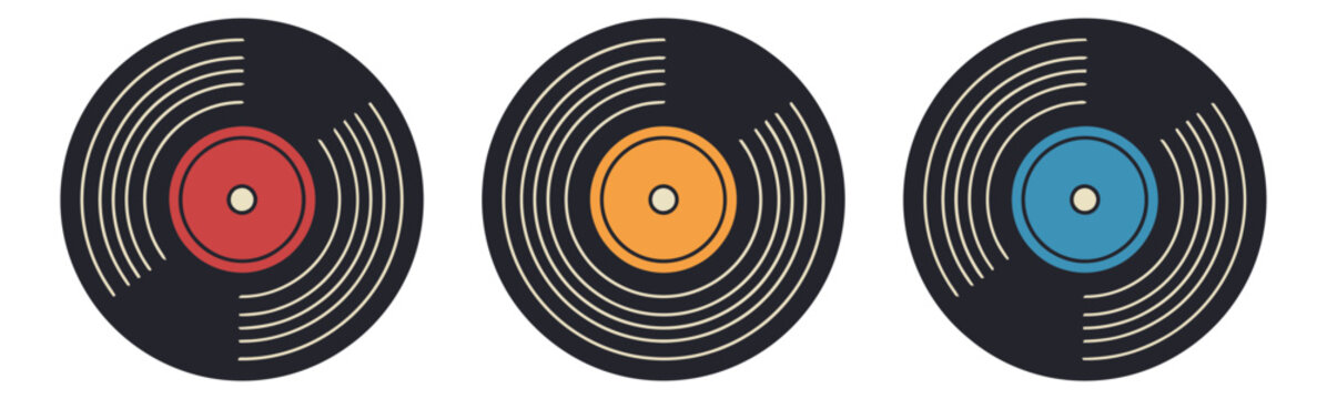Flat icon set of 3 vinyl records featuring colorful center labels in red orange and blue for music design