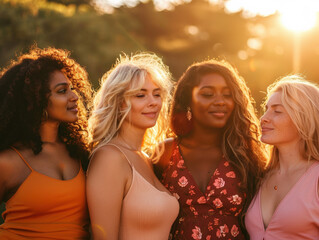 Obraz premium Diverse young women enjoying golden hour outdoors in casual summer dresses