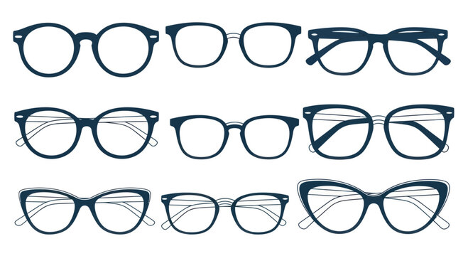 Collection of stylish eyeglasses, glasses frames assortment on white background
