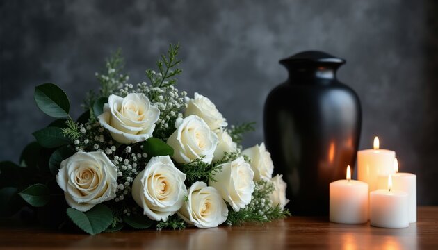 Black cremation urn rests beside white rose bouquet and lit candles on wooden table. Somber memorial still life arrangement offers comfort and remembrance for loss. Peaceful scene.