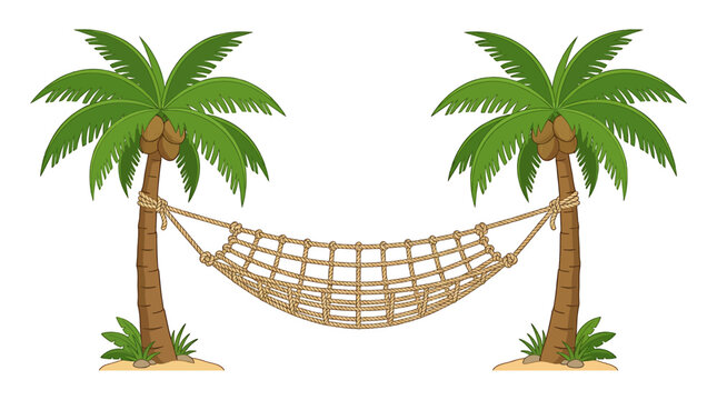 Tropical palm trees with hanging hammock vector illustration, summer vacation paradise isolated on white background