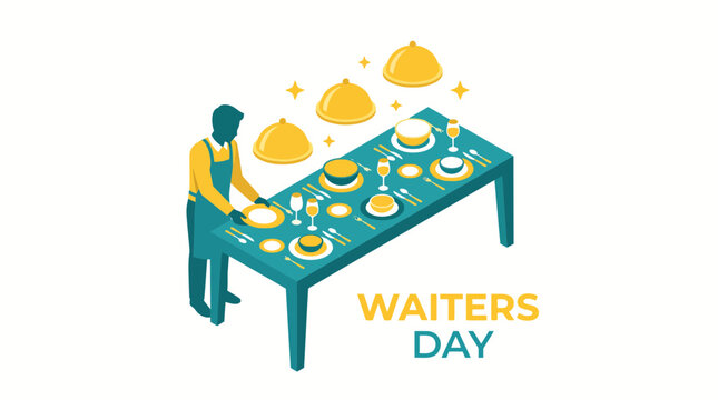 Isometric Waiter Setting a Formal Dinner Table for Waiters Day