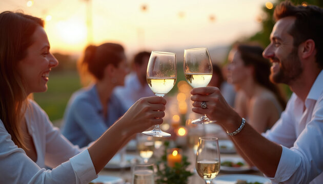 Couple clinks wine glasses at outdoor dinner party. Friends gather around table under warm evening lights. People enjoy food wine conversation, celebrating special occasion outdoors.