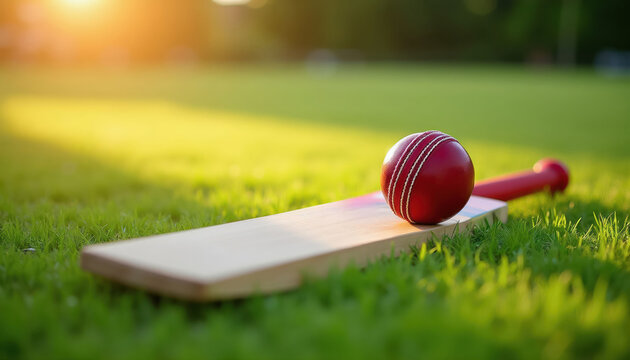 Cricket bat and ball resting on green grass field during golden hour sunset. Equipment ready for outdoor sport match practice session outdoors. Athletic passion symbol.