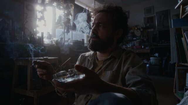 Sad middle aged artist sitting in messy studio, holding ashtray and smoking cigarette, then holding head in hands and gripping his hair during nervous breakdown