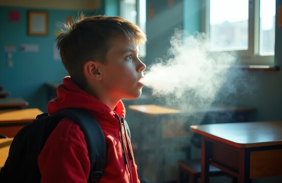 Boy exhales vape smoke in classroom. Young student uses e-cigarette, faces addiction issues. School teens struggle with vaping dangers. Health risk awareness needed for youth.