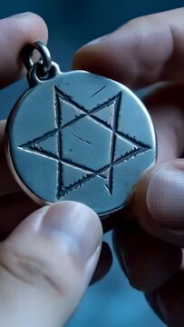 Vertical video: Lifting pendant at bench, hands rotating and checking hexagram and loop for marks