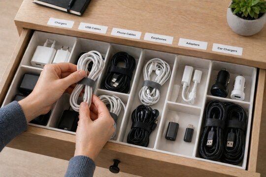Organized drawer with cables chargers and adapters in labeled compartments