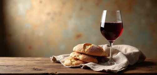 Naklejka premium Rustic table holds stacked unleavened bread, glass of red wine. Simple setting on wood surface with textured background. Food, drink arrangement evokes calm. Used for religious celebratory themes.