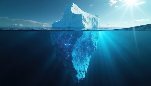 Massive iceberg with glowing digital network structure submerged in ocean depths. Iceberg tip above water surface under bright sunlit sky. Abstract data concept.