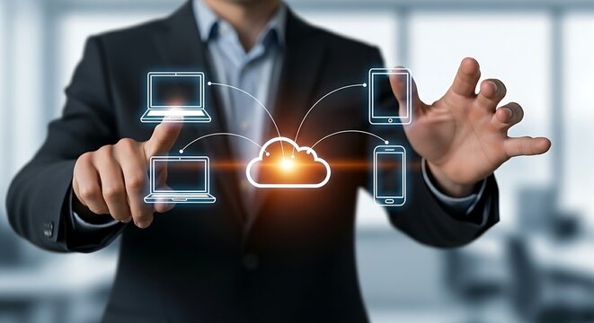 Remote work and mobility concept. A professional's hands interact with 'laptop', 'tablet', and 'smartphone' icons connected to a central cloud, representing flexibility.