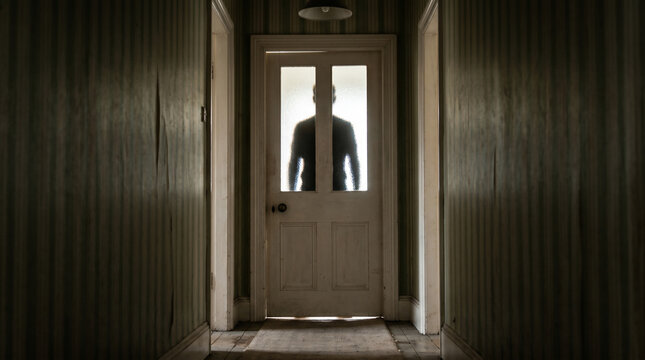 Mysterious Figure in a Doorway: A silhouetted figure stands ominously in a dimly lit doorway at the end of a dark corridor, evoking a sense of suspense and unease.
