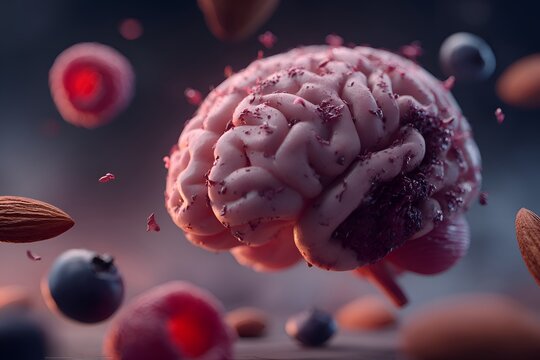 A stylized human brain is surrounded by scattered berries and nuts suggesting healthy food is good for memory and cognitive function.